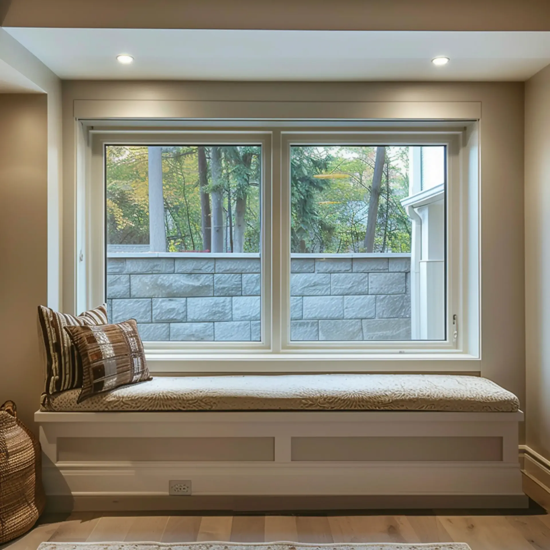 Finished basement with window seat and natural light